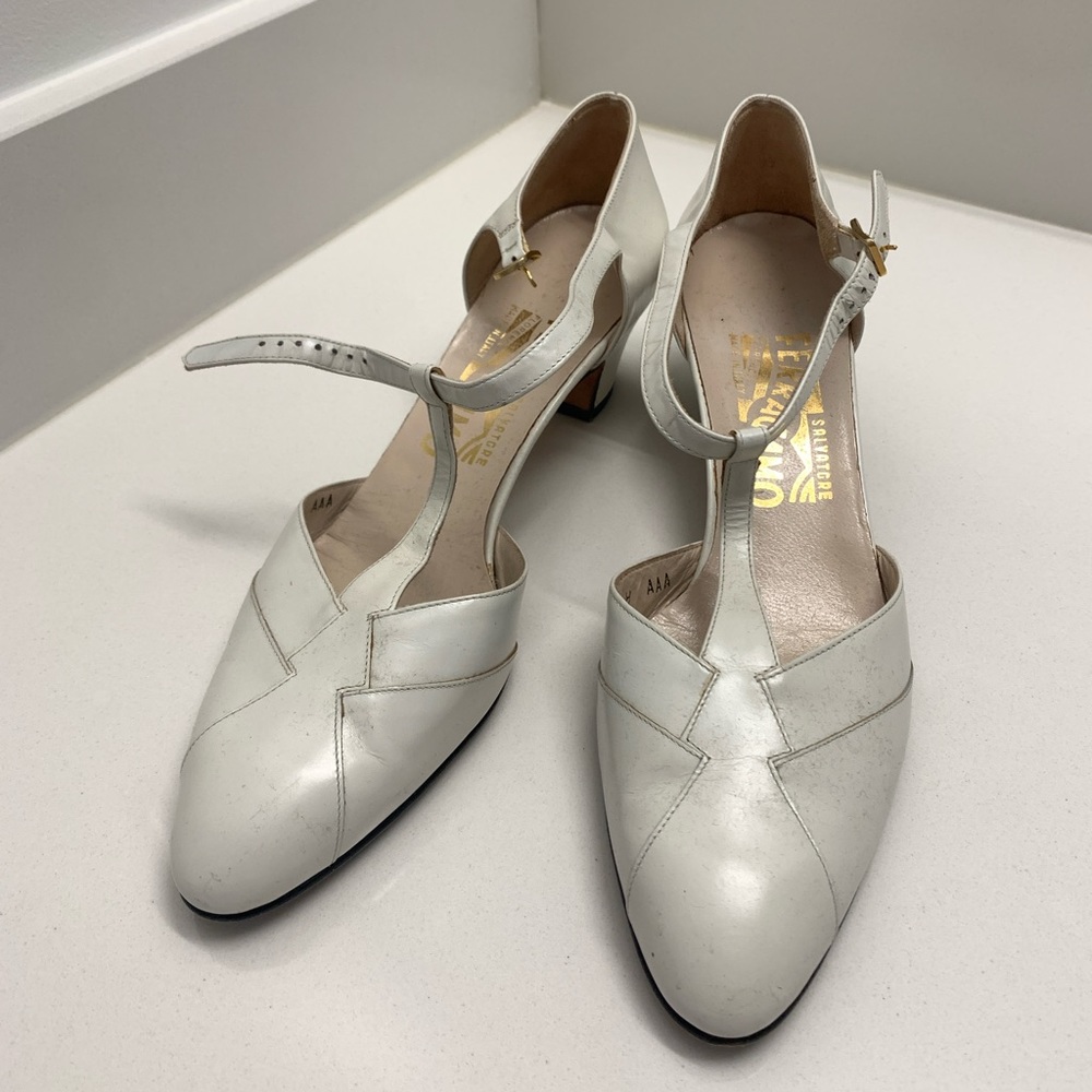 Vintage Salvatore Ferragamo White Strapped Pump